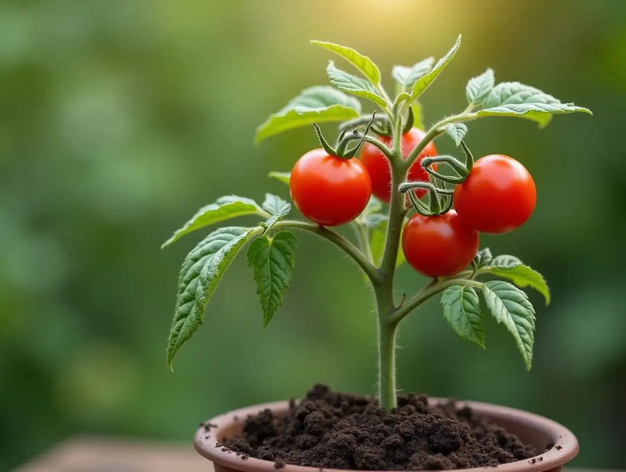 a tomato plant with a lot of red tomatoes on 5 branches and a lot of leaves fully grown standing alone in a pot