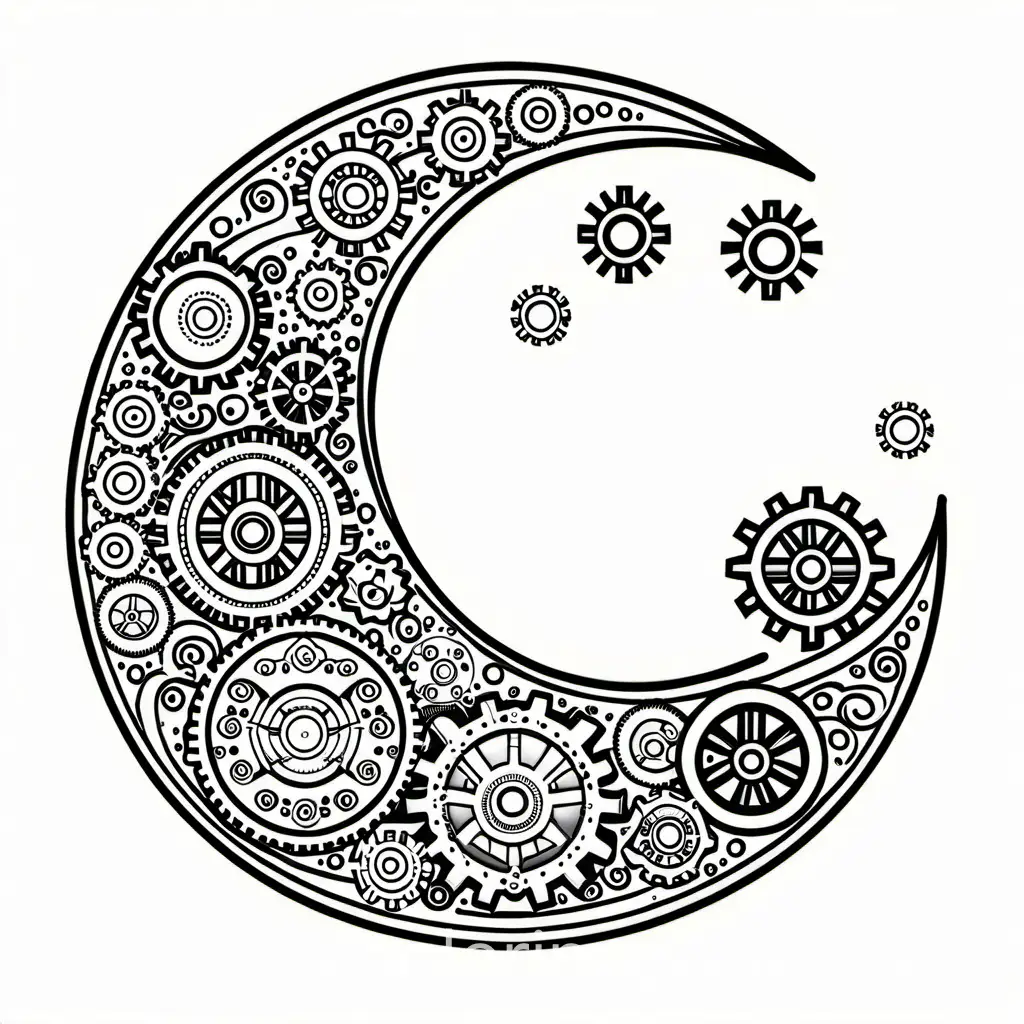 Moon-and-Gears-Coloring-Page-Black-and-White-Line-Art