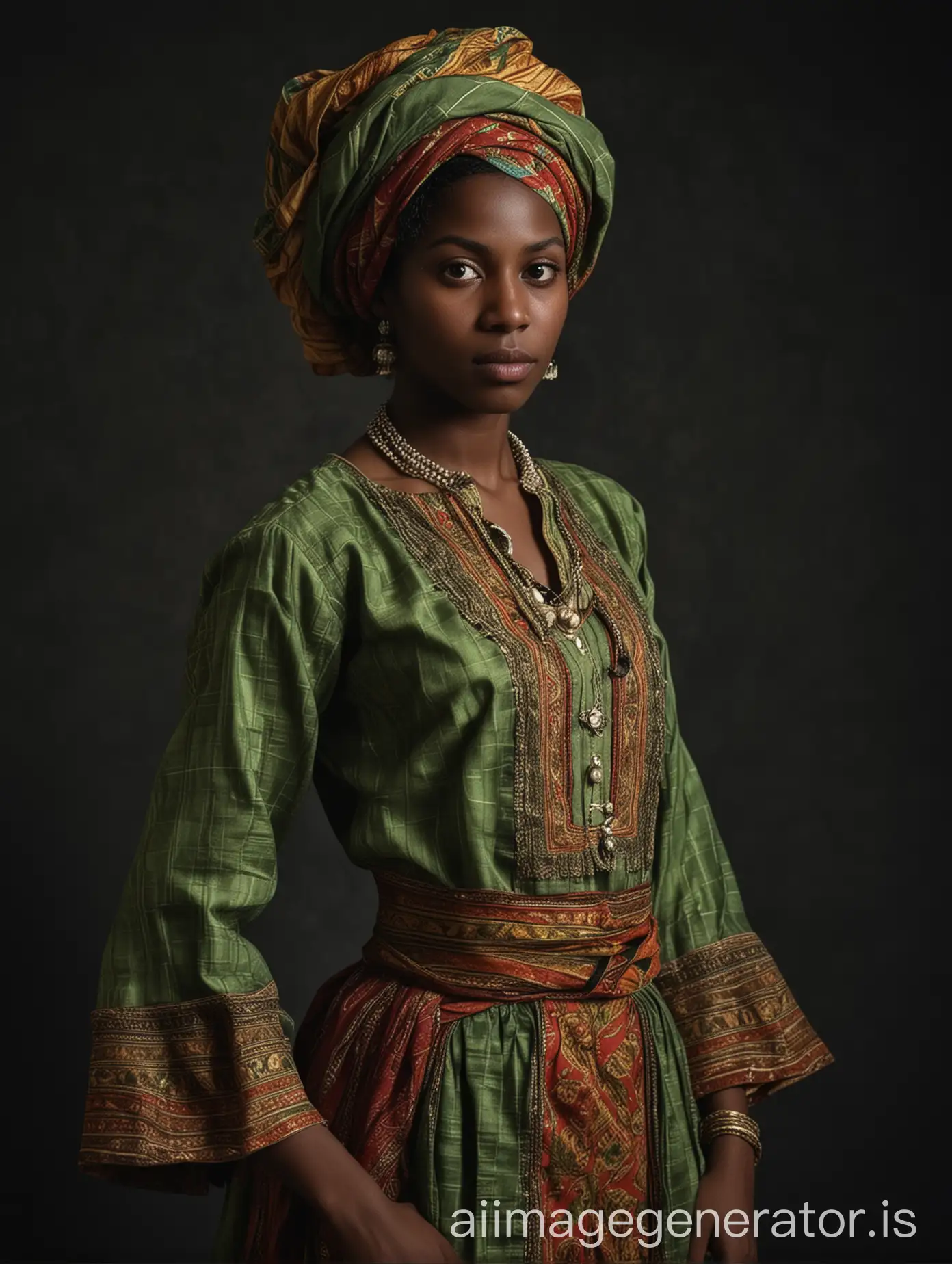 black woman in west indies madras costume stand in a dark background, in the style of contemporary realist portrait photography, green academia, ottoman art, realist fine details --ar 91:128 --v 5 --q 2 --s 750
