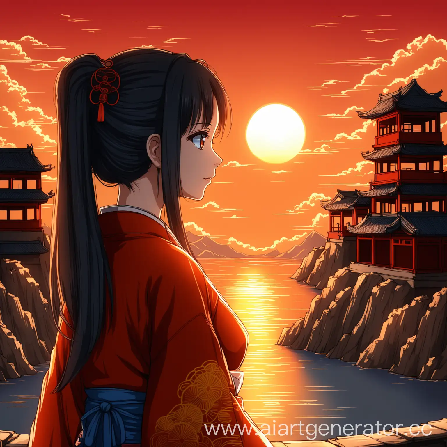 Woman-Watching-Sunset-in-Anime-Style-with-Chinese-Elements