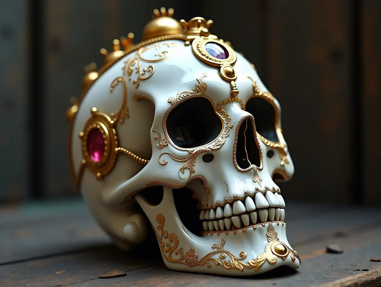 Cyber Totenkopf mit Glasaugen, Porcelain with golden ornaments Steampunk 100 mm Capture