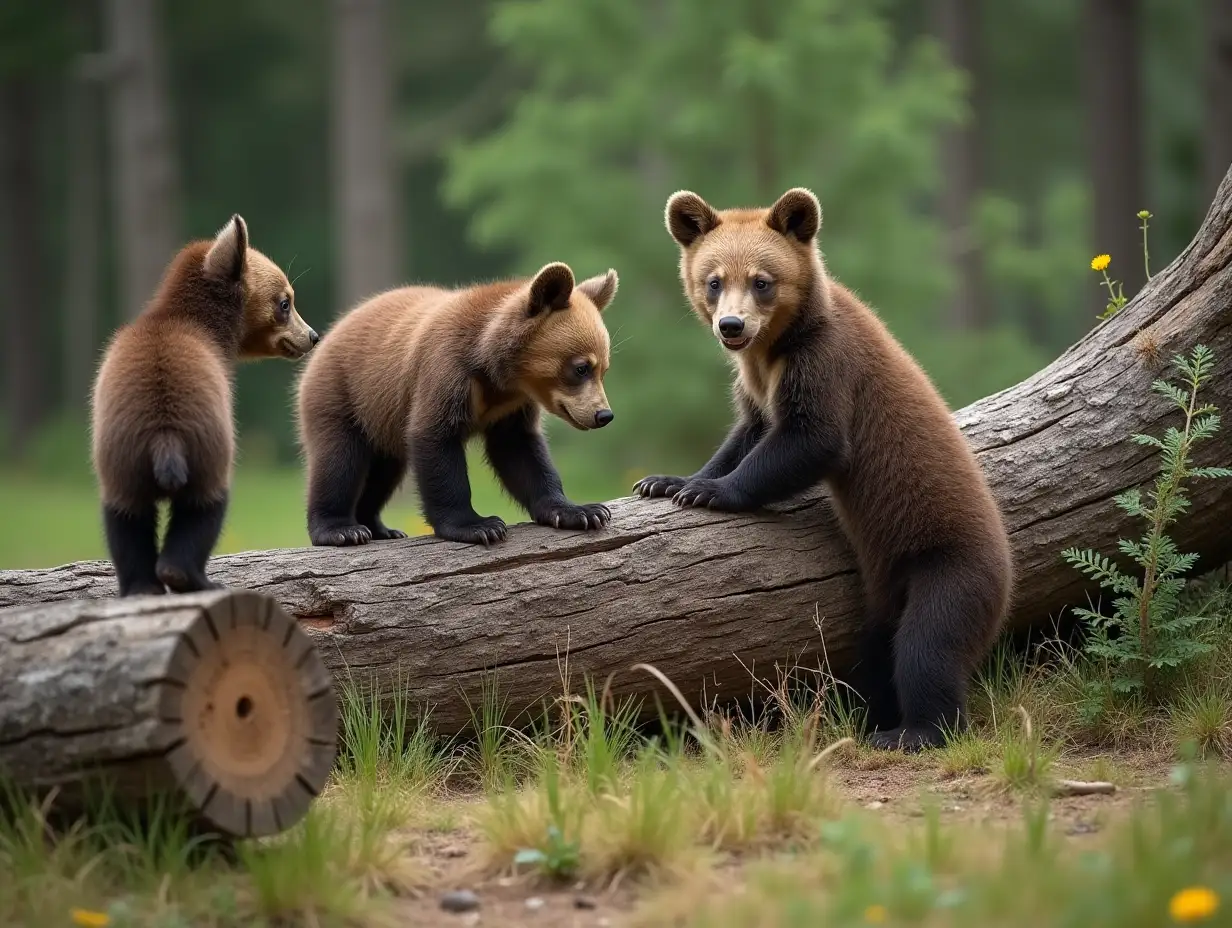 Bear-Cubs-Playing-on-Torn-Tree-Trunk-in-Summer-Pine-Forest