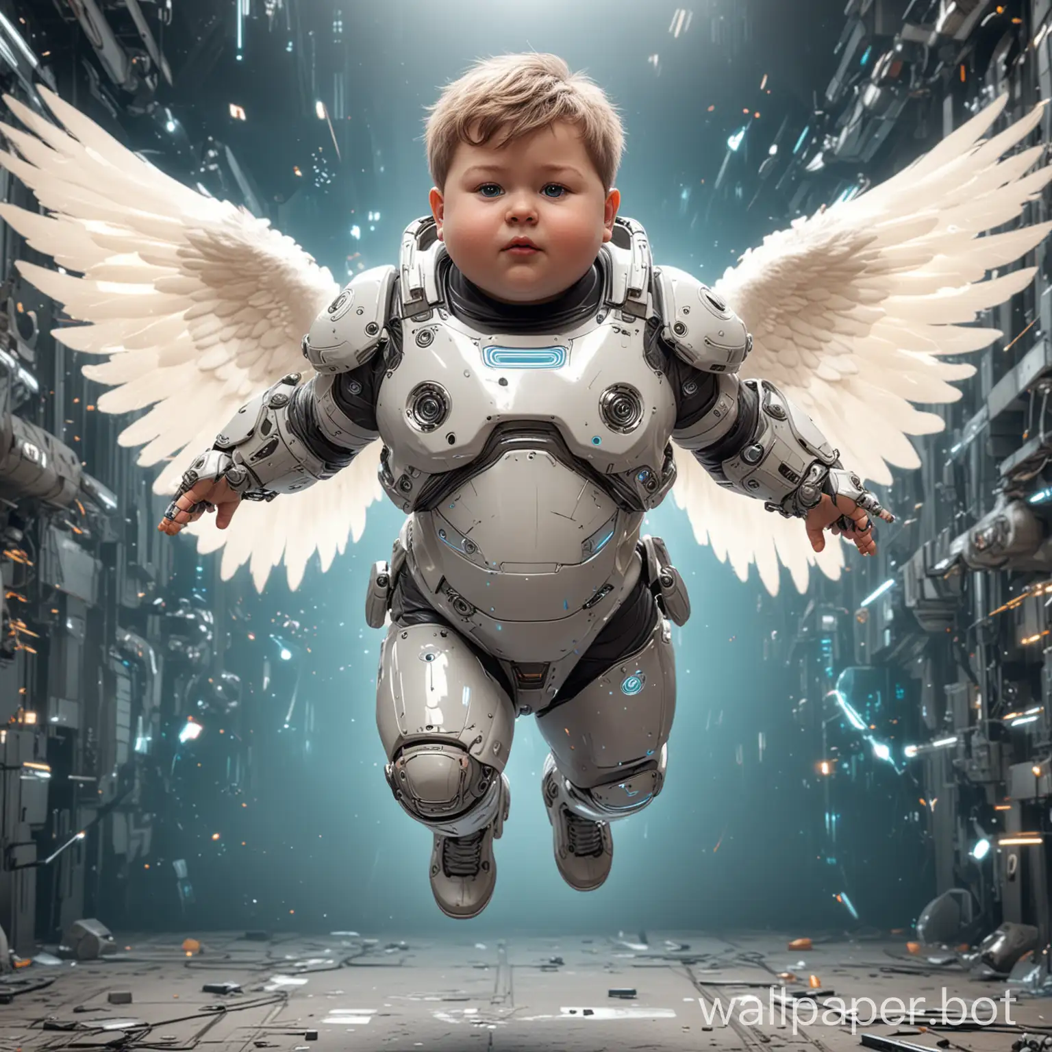 chubby cybernetically augmented warrior angel boy hovering in air with futuristic background