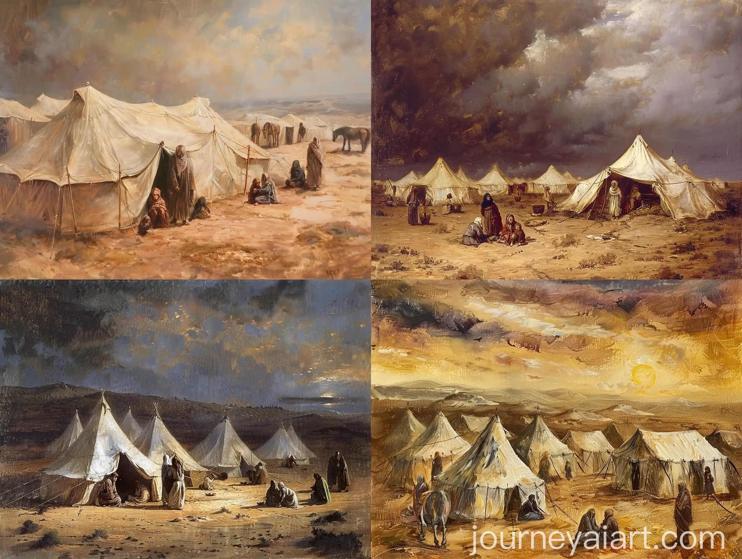 Early-Islamic-Arab-Style-Painting-of-Desert-Camp-with-Tents-Women-Children-and-Horses
