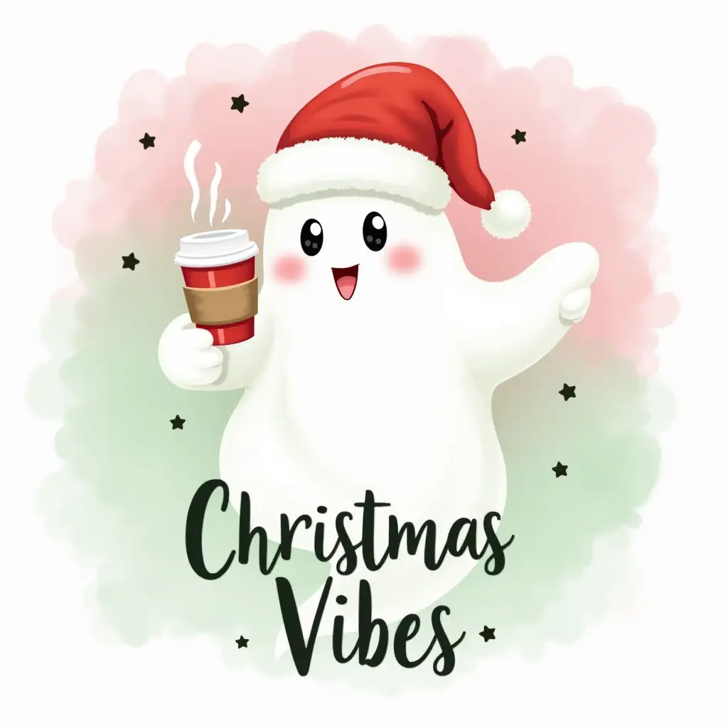 Create a cute, Christmas-themed image of a ghost wearing a Santa hat and holding a coffee cup. The ghost should have a friendly, smiling expression. The background should be a watercolor gradient of pink and green, with stars scattered throughout. The text 'Christmas Vibes' should be written boldly, in a festive font.