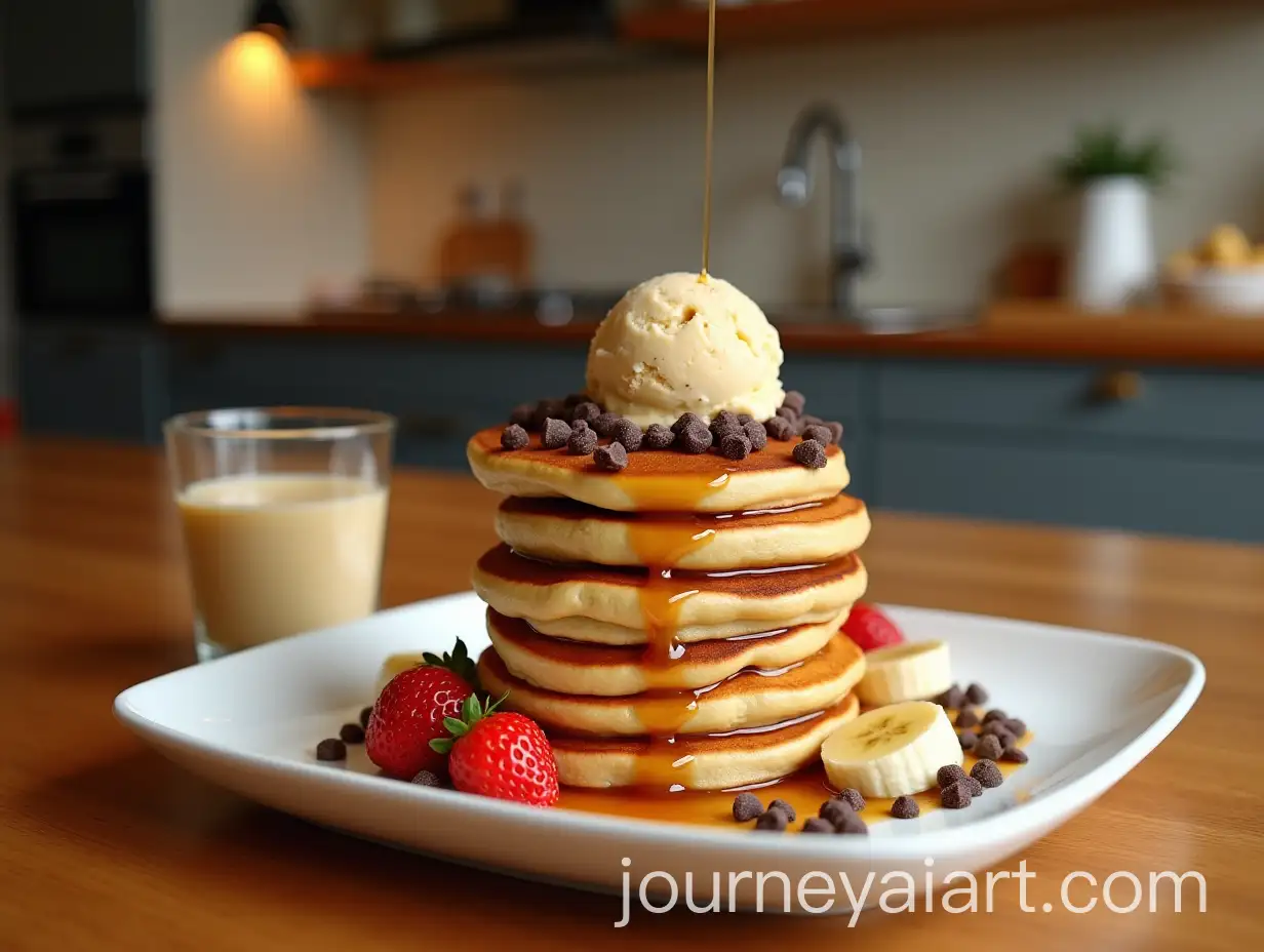 Pancake-Stack-with-Butterscotch-Ice-Cream-Fresh-Fruits-and-Maple-Syrup-in-Modern-Kitchen-Setting