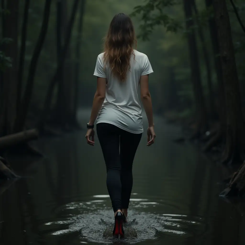 Woman-Walking-Through-Dark-Swamp-in-White-TShirt-Black-Leggings-and-Louboutin-Heels