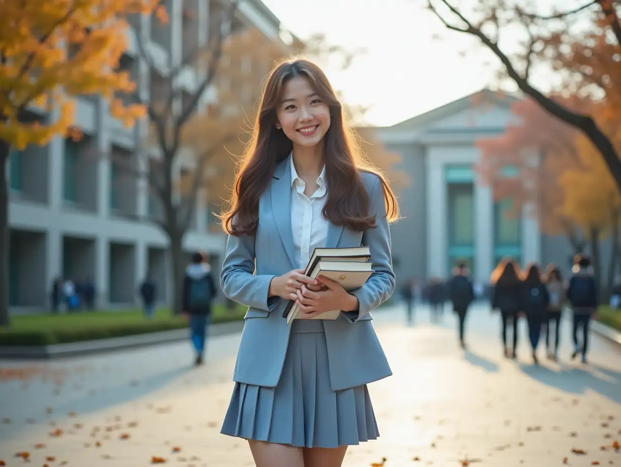 A breathtaking portrait of a 19-year-old Japanese university student standing near the main entrance of a large university building. Her long, chestnut-brown hair cascades over her shoulders, framing her delicate features. She’s wearing a slightly tight school uniform, with a light blue blazer over her white blouse, the top buttons undone to reveal her shapely figure. Her pleated skirt flows just above her knees, and she’s holding a stack of books close to her chest. Around her, fallen autumn leaves scatter across the pavement, and distant students can be seen in small groups, enjoying the crisp weather. Shot using a 35mm f/1.8 lens at ISO 200, capturing the entire scene with incredible clarity. The natural afternoon light bathes the scene in a soft glow, creating a warm and inviting atmosphere.