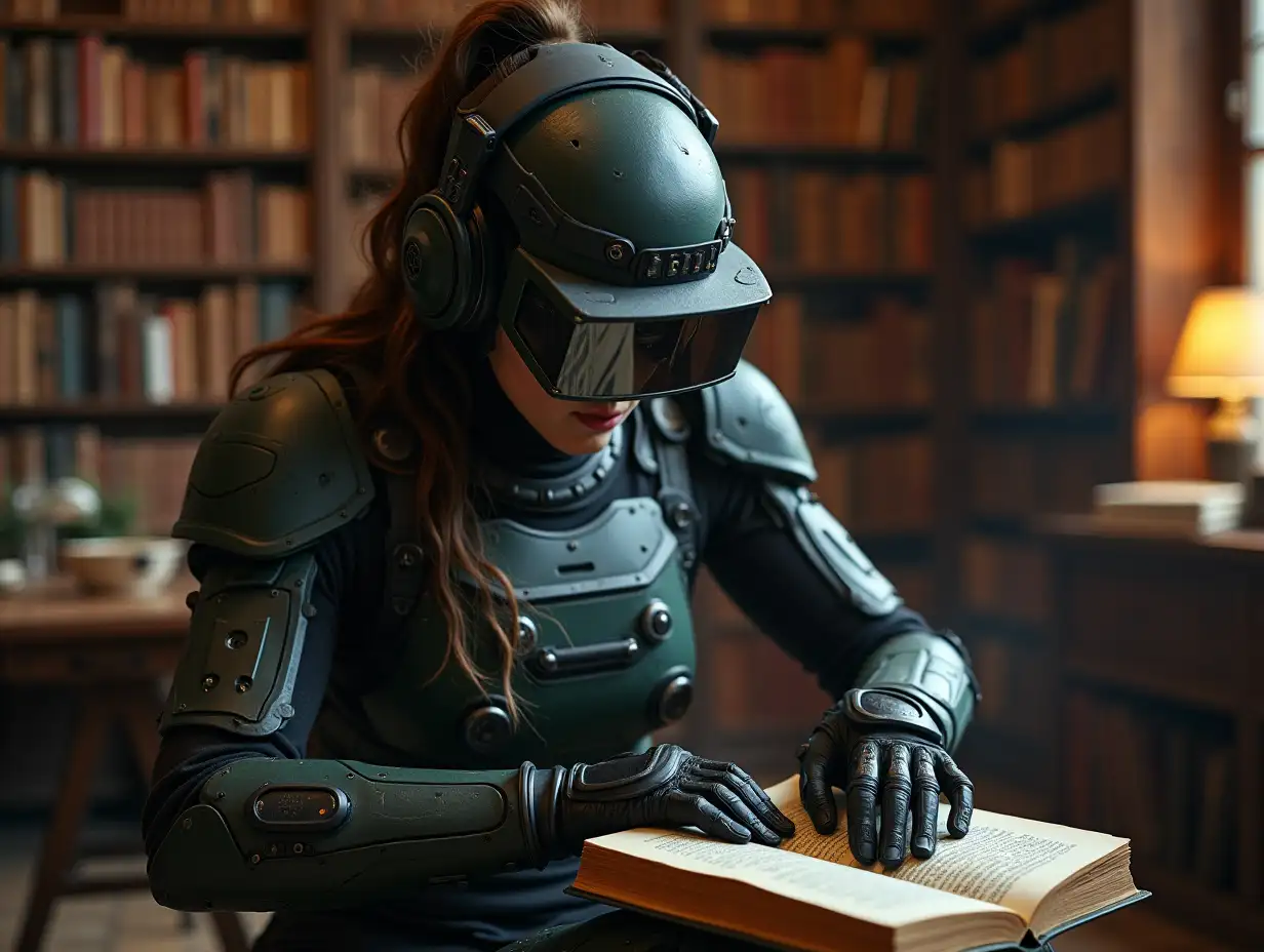 a 17 year old woman from the future equipped with technologies, vastly covered, sitting in an old-fashioned library, lots of books in background, head tilted down, she is reading an ancient book through scanning vr goggles reflecting the pages, wearing ultra modern partially armored suit, helmet with headphones, large ergonomic display on forearm, gloves, packed with wearable hardware