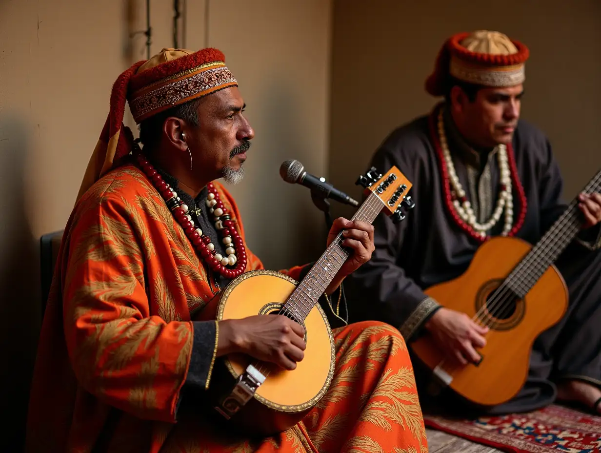 Gnawa music is a spiritual Moroccan genre blending African, Berber, and Arabic influences. It features: Instrumentation: Guembri, qraqeb, and bendir. Rhythms and Vocals: Polyrhythms, call-and-response chants. Themes: Healing, ancestry, and spirituality. Performance: Lila and Derdeba ceremonies.