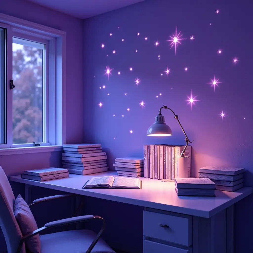 A room lit in shades of lavender, with a organized study table and books about finances. Walls decorated with shining stars, a deep blue ceiling creates a dreamy and inspiring REALIST atmosphere