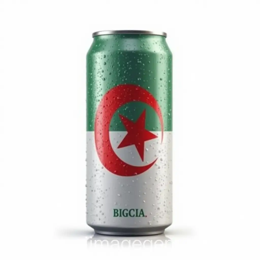 An A4-sized promotional poster with a completely white background, featuring a realistic aluminum soda can (canette) wrapped in the Algerian flag. The can is centered, glossy, and cold, with subtle water droplets for a fresh appearance. The company branding is integrated into the can design itself: the top and bottom of the can display the text 'GROUP BBG' in a clean, modern blue font, and the center of the can includes the company name 'BBGCIA' as the main logo. The overall design is minimalistic, professional, and emphasizes Algerian national pride.