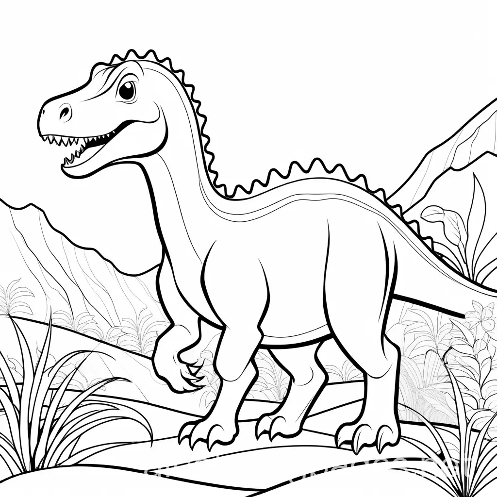 dinosaur, Coloring Page, black and white, line art, white background, Simplicity, Ample White Space. The background of the coloring page is plain white to make it easy for young children to color within the lines. The outlines of all the subjects are easy to distinguish, making it simple for kids to color without too much difficulty