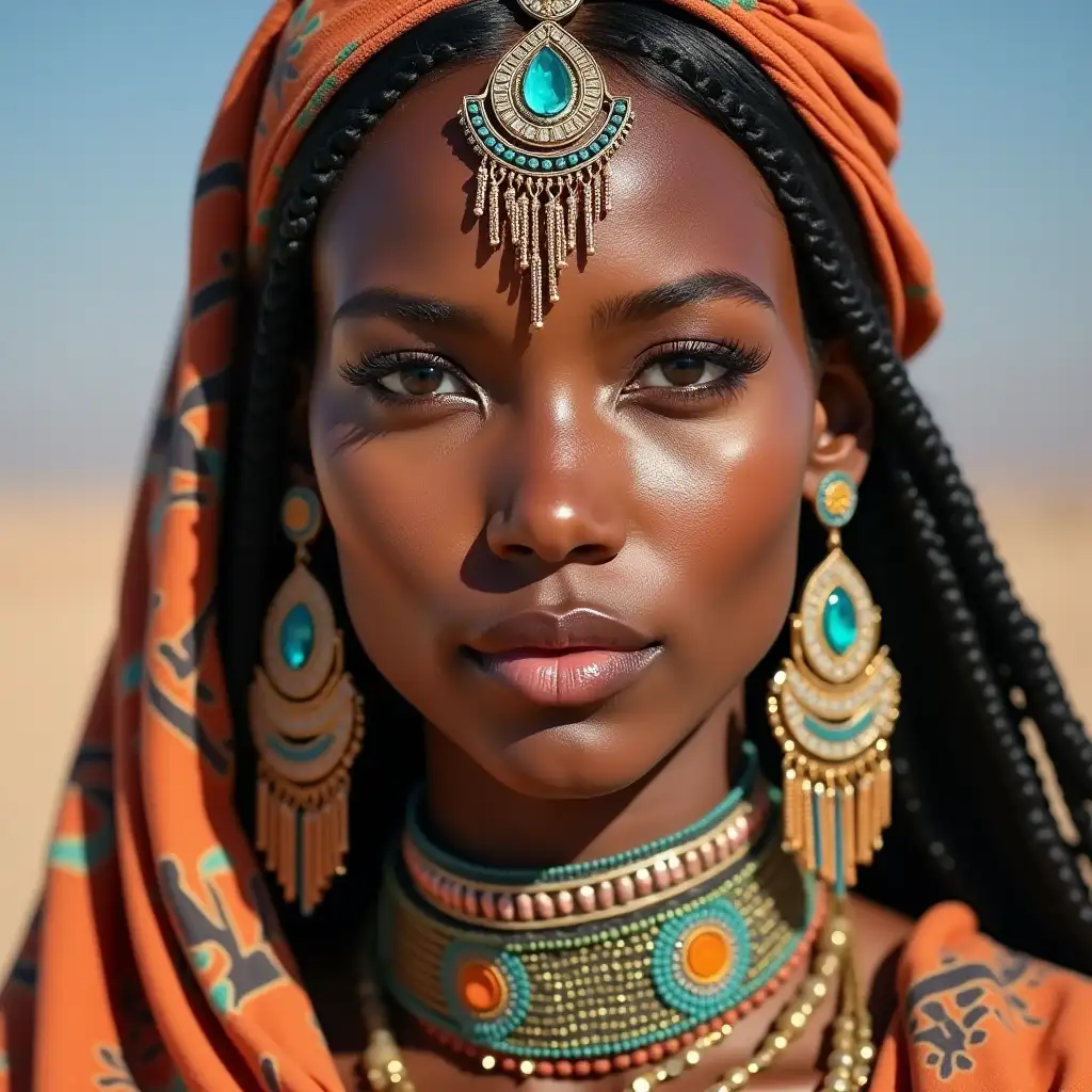 A hyperrealistic portrait of a beautiful Tuareg woman, who is wearing intricately detailed, colorful and futuristic jewelry.