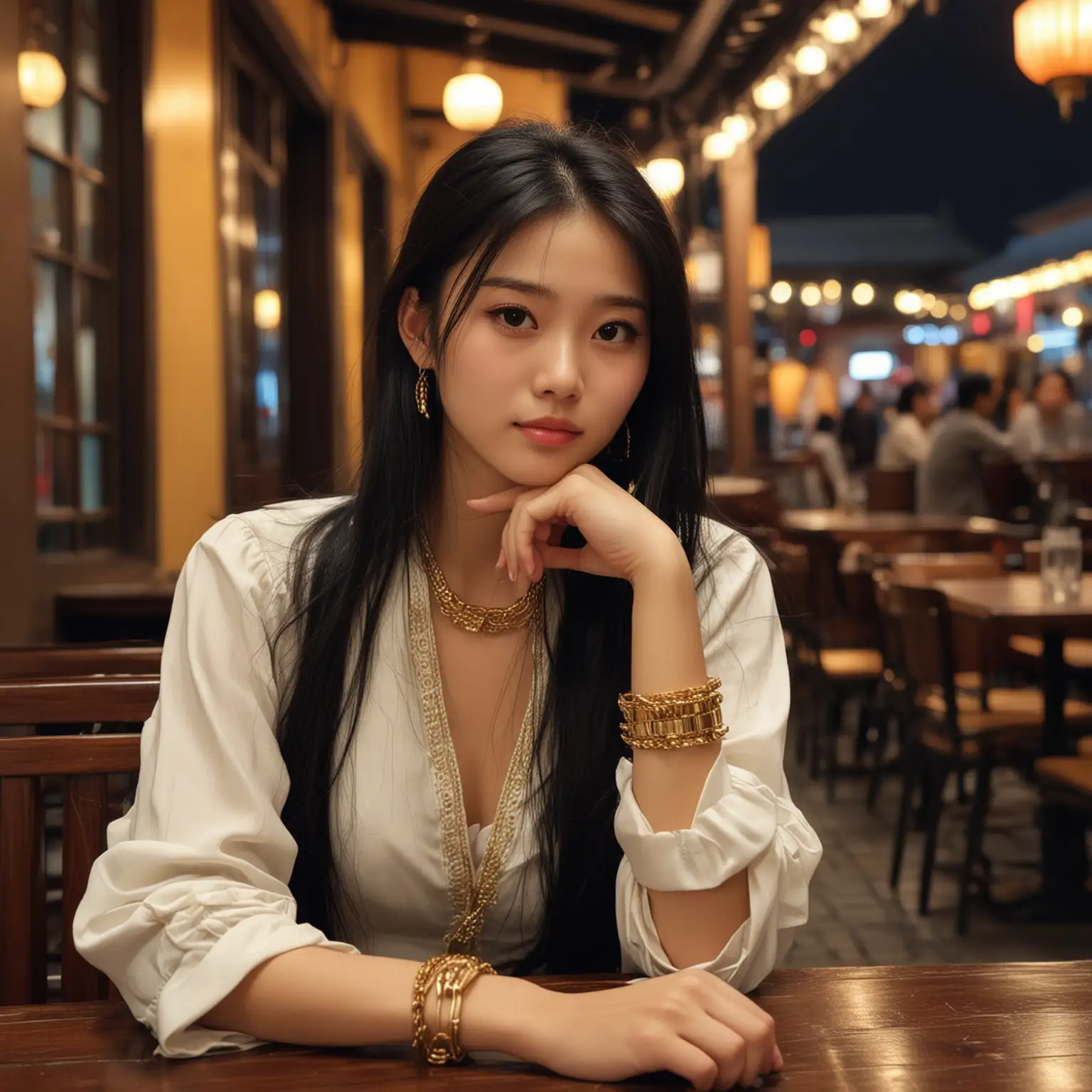 Cool chinese girl with long black hair. Looking to the side. Cute tilt head. Image taken Like a stolen shot. Wearing elegant clothes. With gold bracelet. Background is night time streetwalk sitting out in a restaurant.