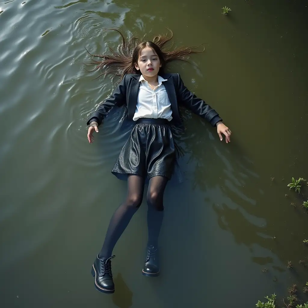 A young schoolgirl in a school uniform, in a skirt, jacket, blouse, dark tights, high-heeled shoes. She is swimming in a dirty pond, lying under water, all her clothes are completely wet, wet clothes stick to her body, the whole body is under water, submerged in water, under the surface of the water, below the water's edge.