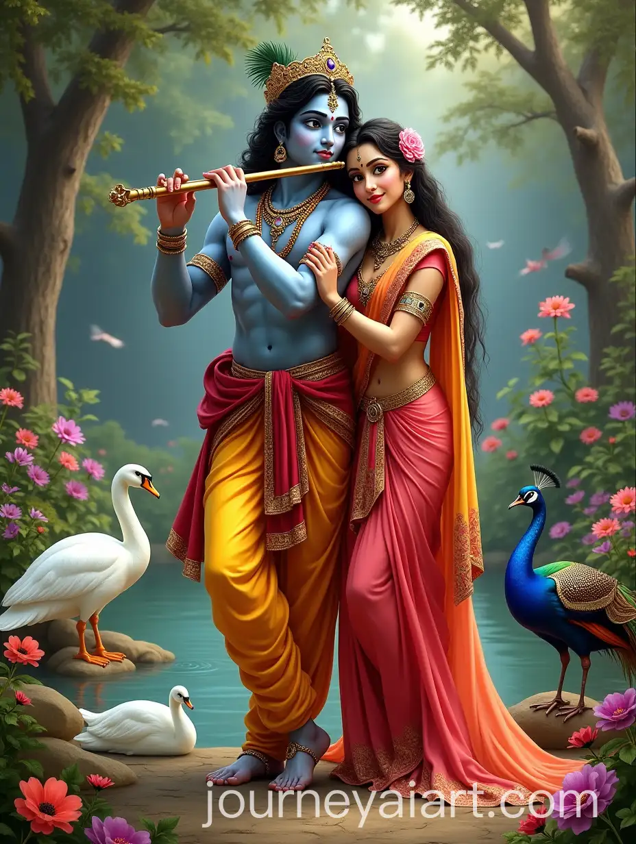 Radha-and-Krishna-in-a-Serene-Garden-with-Vibrant-Flora-and-Fauna