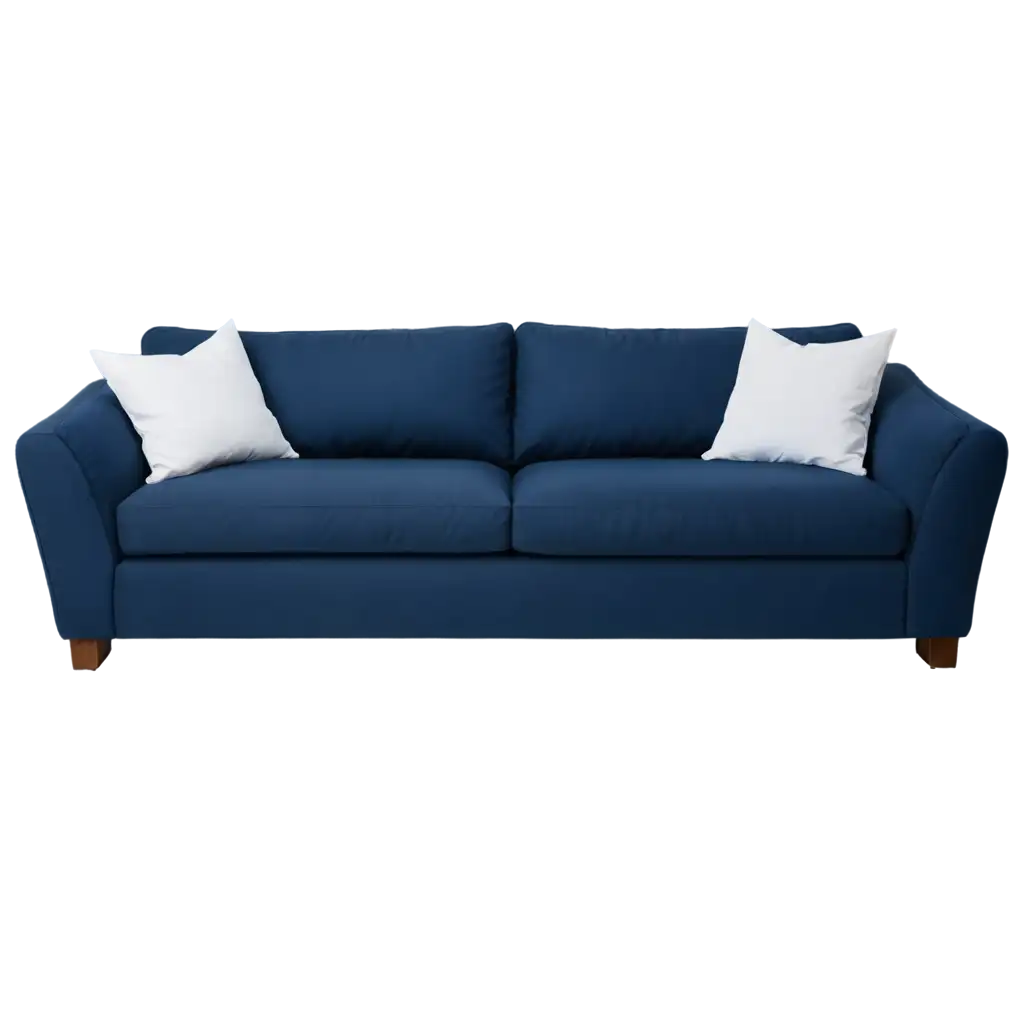 A  dark blue sofa with white, blue pillows