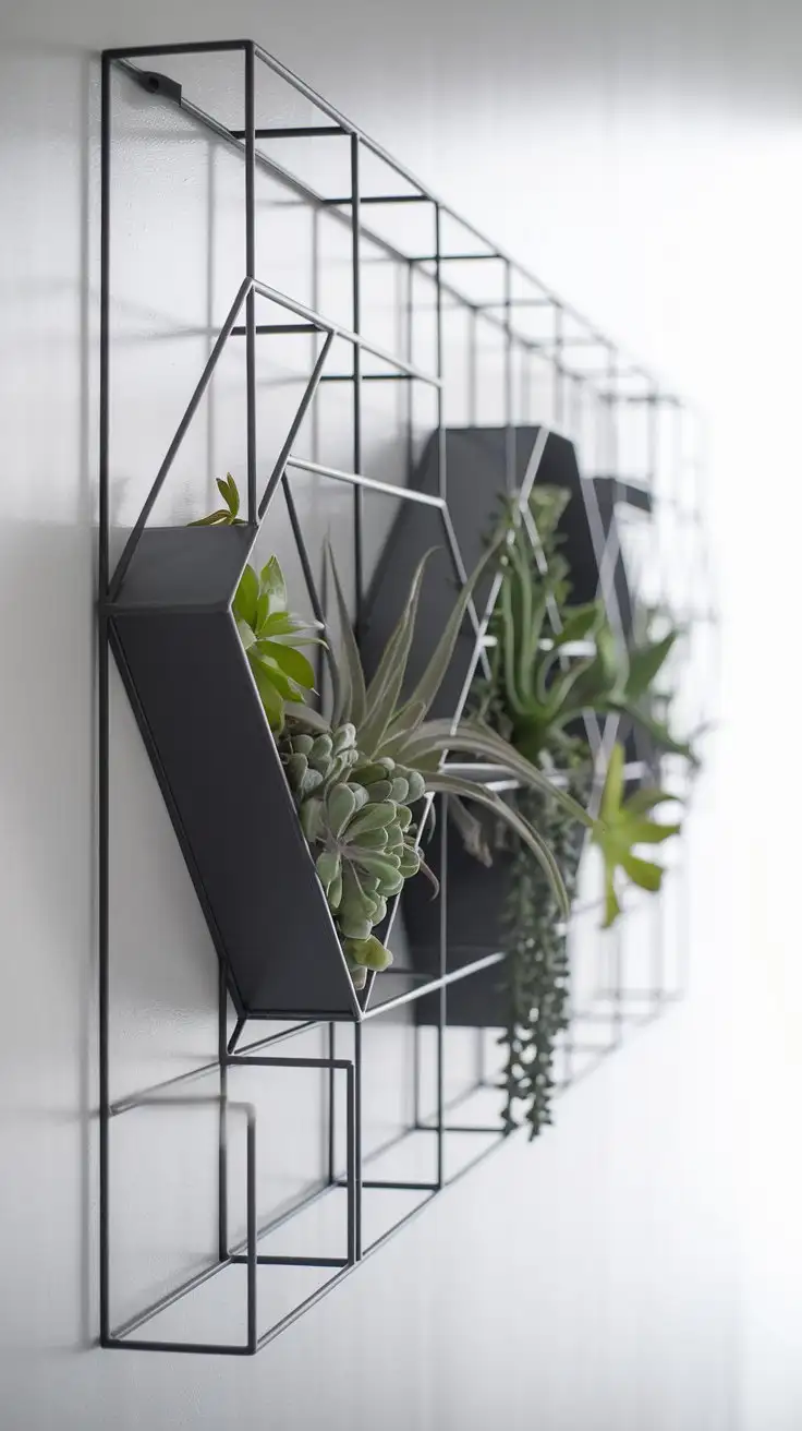 Close-up, slightly low-angle shot of a modern, geometric metal grid hanging plant wall. The grid is made of thin, black powder-coated metal and is mounted on a smooth, minimalist white wall.  Air plants and small succulents are nestled within the grid's geometric shapes, creating a clean and contemporary look.  The lighting is bright and even, highlighting the sharp lines of the grid and the textures of the plants. Focus is razor-sharp on the grid and plants, with the white wall slightly out of focus. Style: Minimalist, modern, geometric, clean, high-contrast, professional photography