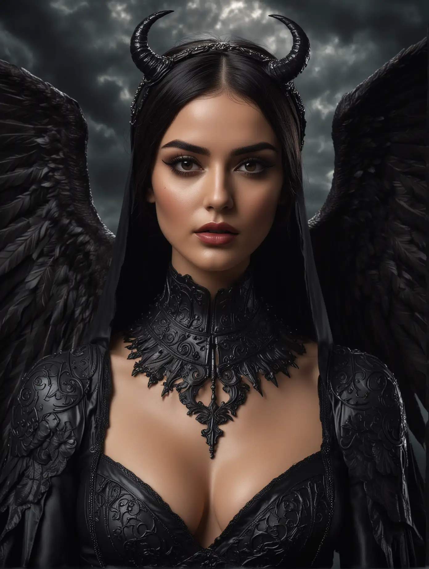 Close up captured, Beauty Camila Belle wears christian-nun's costume with goat's horn, awesome cleavage, in demonic style with black majestic large wings, adorned her skin with tattooes, dynamic seductive pose, dark clouds with ray tracing background, sinister, moody, colorful organic shape, rampant in creativity, ornate in details, masterpiece art, fantasy art, fantasy theme, mythical creature