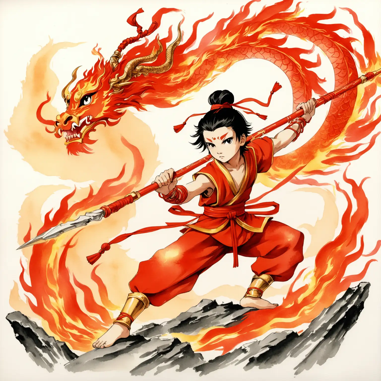 A young, heroic Nezha from the classic Chinese film Nezha Conquers the Dragon King (1979). He is a 12-year-old boy, male character with feminine appearance, with large dark eyes, a determined expression, and strong eyebrows. His hair is in two high buns with red ribbons. Wearing a red belly band, traditional pants, a red sash, and golden bracelets and anklets. Nezha stands dynamically, wielding a fire-tipped spear, with his Wind Fire Wheels emitting flames. Line art uses 'gaogu yousi miao' style with flowing, strong lines, no edge lines, and a watercolor wash effect.