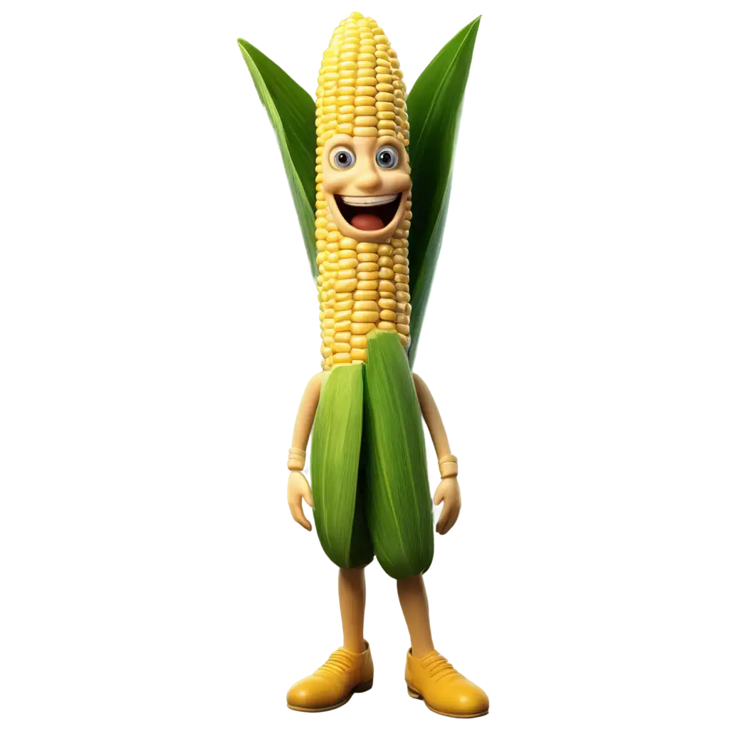 Corn on the cob smiling, animated 3d realistic character