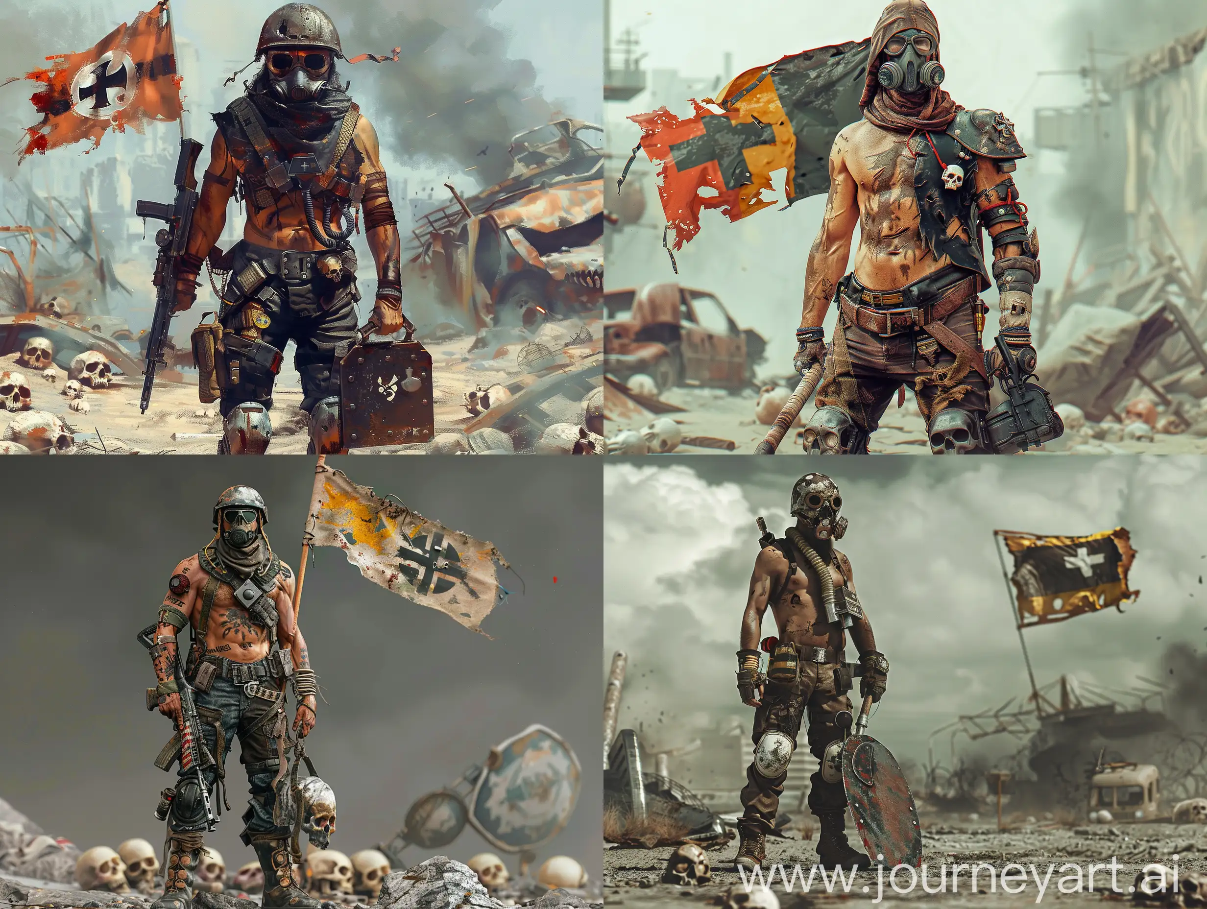 PostApocalyptic-Fighter-with-Skull-Flag-in-Ruined-Landscape