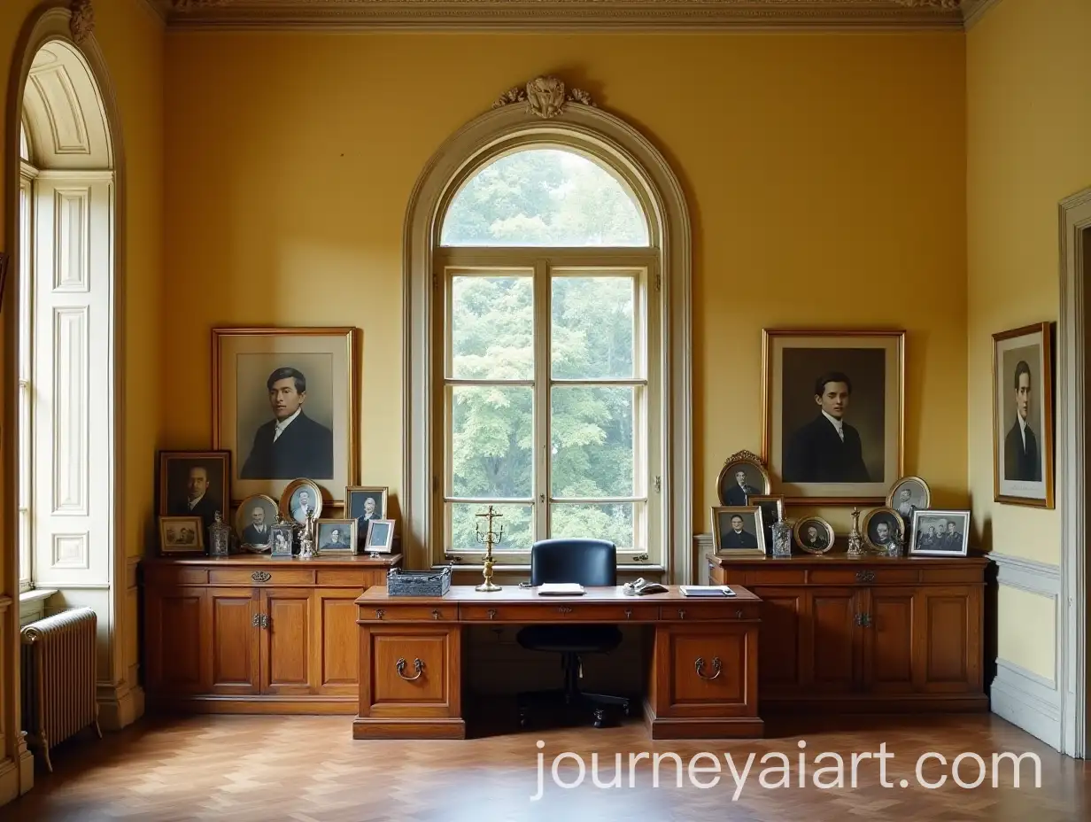 Antique-Photographs-and-Wooden-Desk-in-a-Worn-European-Mansion-Hall