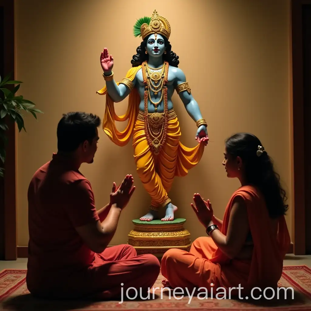 Indian-Family-Prayer-Scene-in-Front-of-Lord-Krishna-Statue