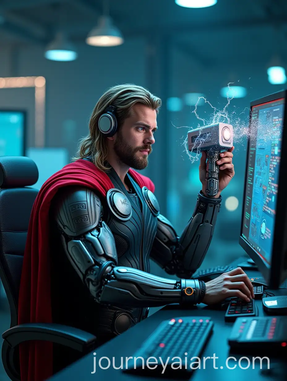 Cybernetic-Thor-Hybrid-in-Futuristic-IT-Workspace-with-Mjolnir-Hammer