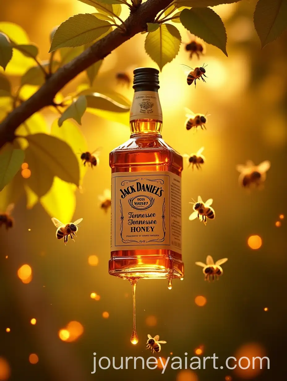 Jack-Daniels-Tennessee-Honey-Bottle-with-Bees-and-Dripping-Honey-in-Sunlit-Foliage