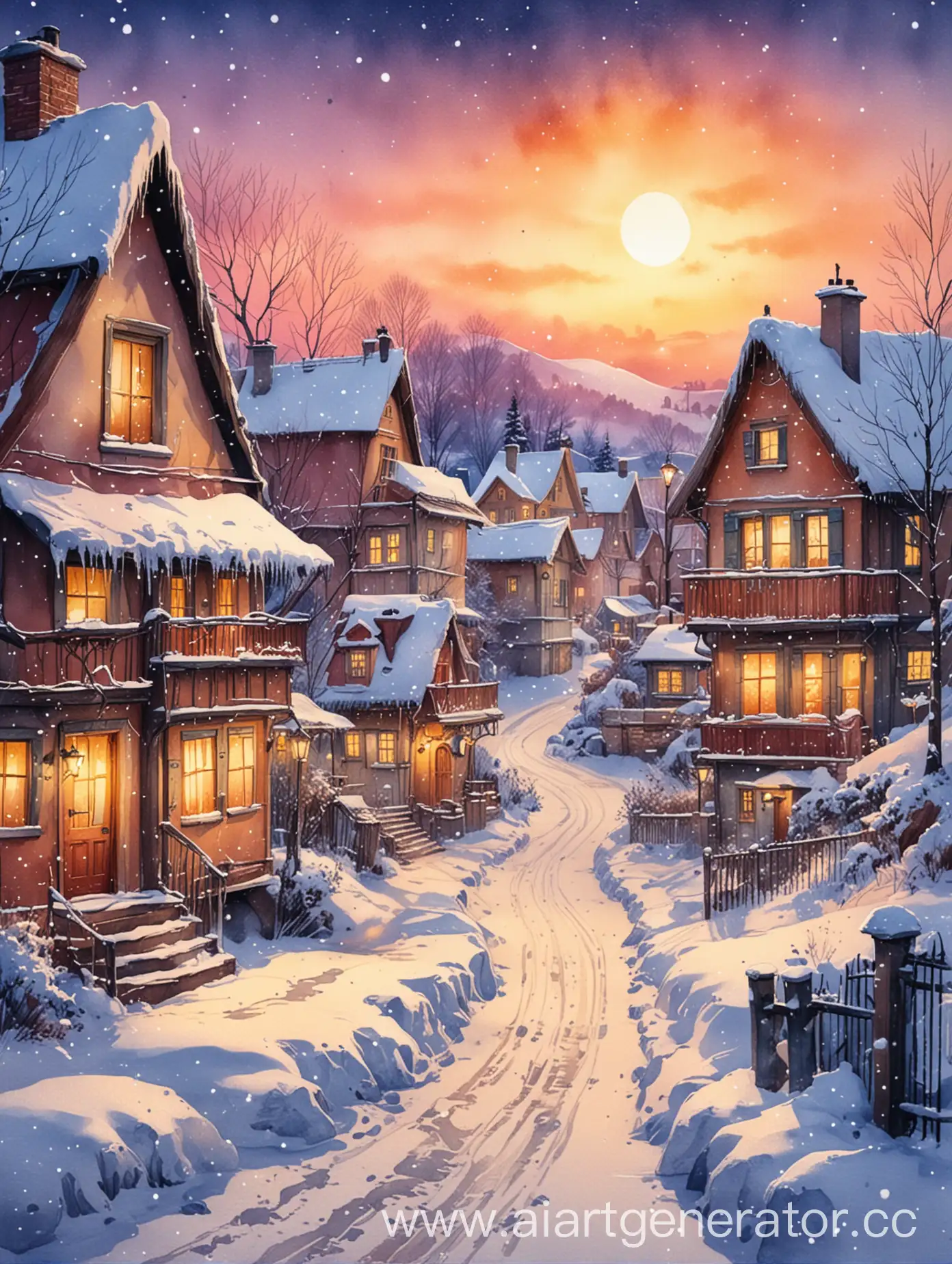 Winter-Houses-Covered-in-Snow-with-Street-Lights-and-Sunset-Magic