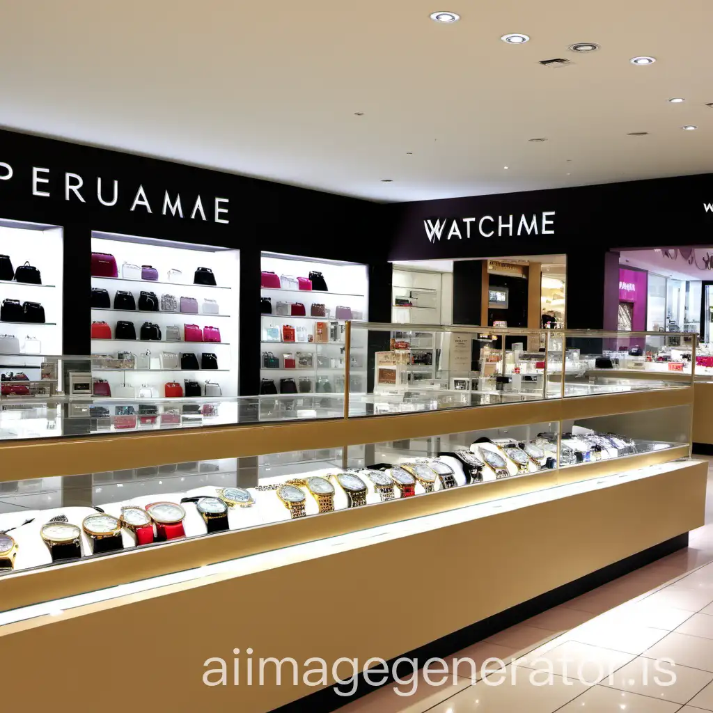 counter in a shopping mall showing watches, hand bags and perfrume in glass counter