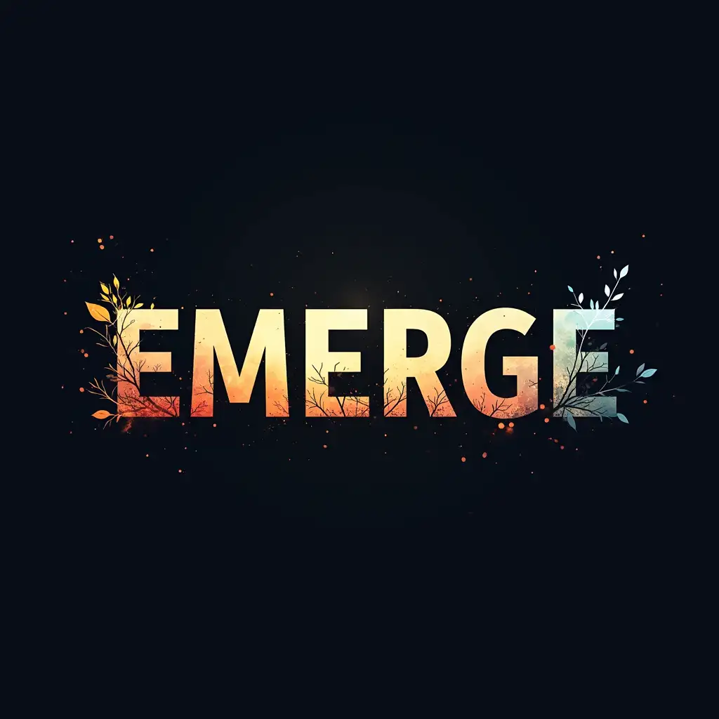 Design a typography for the word EMERGE that visually represents growth and transformation. Use bold, modern sans-serif letters with a gradient effect transitioning from dark tones at the bottom to bright, vibrant hues at the top, symbolizing rising and evolution. Incorporate subtle design elements like vines, wings, or abstract lines breaking out from the letters, emphasizing the concept of emerging or coming into being. The overall aesthetic should evoke a sense of dynamic motion, progress, and inspiration.