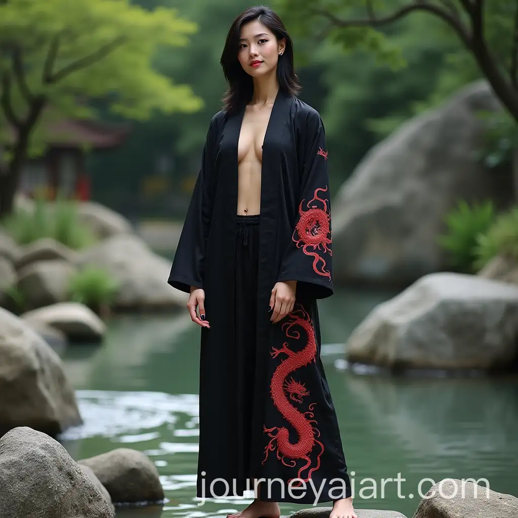 Athletic-Asian-Woman-in-Black-Robe-with-Red-Dragon-Pattern-Standing-in-Zen-Garden