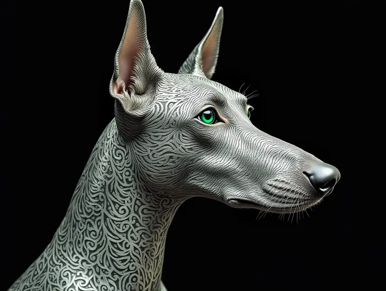 a silver-colored head of a dobermann composed of intricate silver patterns. his eyes are emeralds. all the patterns are precise. in profile. diamond painting. black moire background. art nouveau in the style of Gustav Klimt. aesthetic.