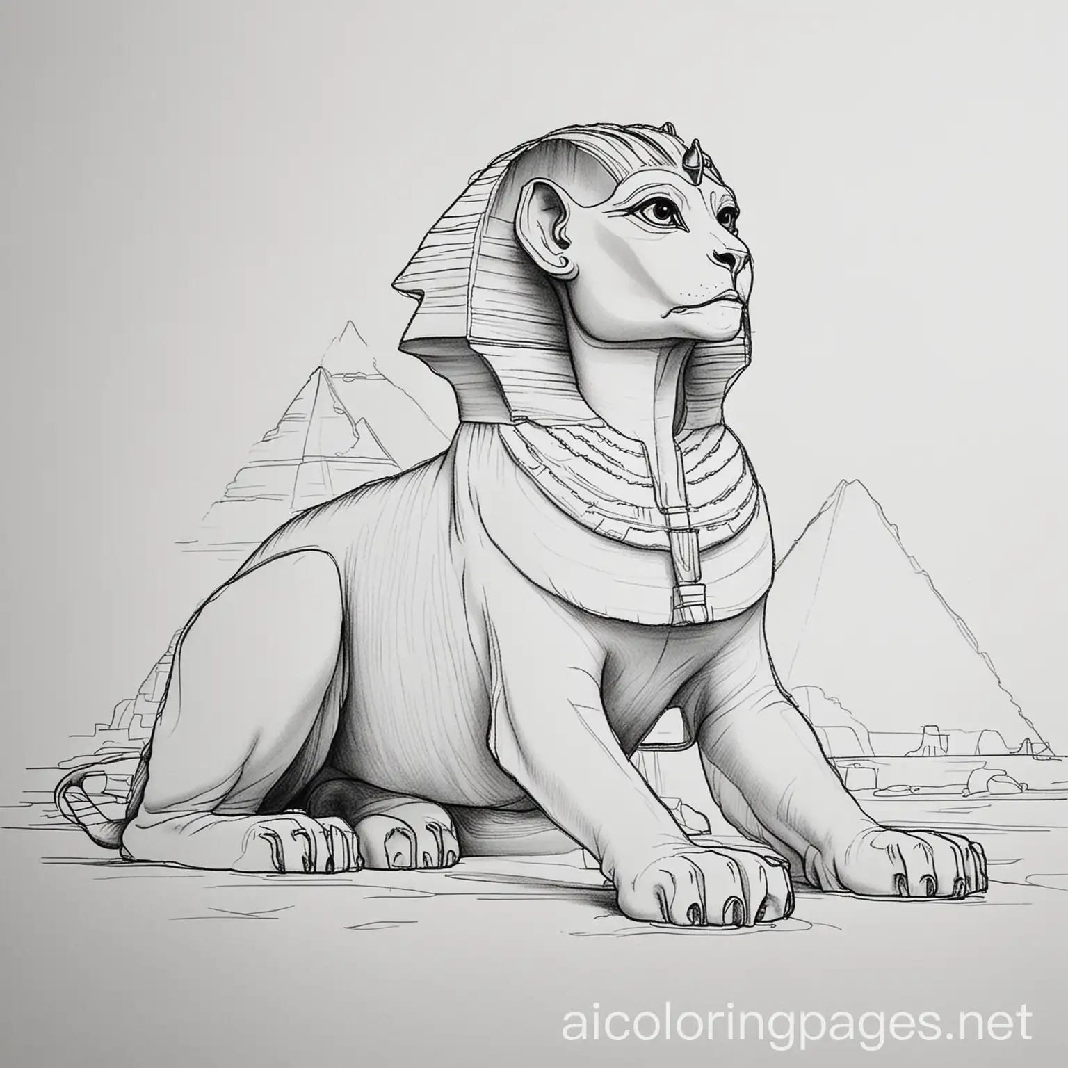 androsphinx, Coloring Page, black and white, line art, white background, Simplicity, Ample White Space. The background of the coloring page is plain white to make it easy for young children to color within the lines. The outlines of all the subjects are easy to distinguish, making it simple for kids to color without too much difficulty. location near pyramids , Coloring Page, black and white, line art, white background, Simplicity, Ample White Space. The background of the coloring page is plain white to make it easy for young children to color within the lines. The outlines of all the subjects are easy to distinguish, making it simple for kids to color without too much difficulty