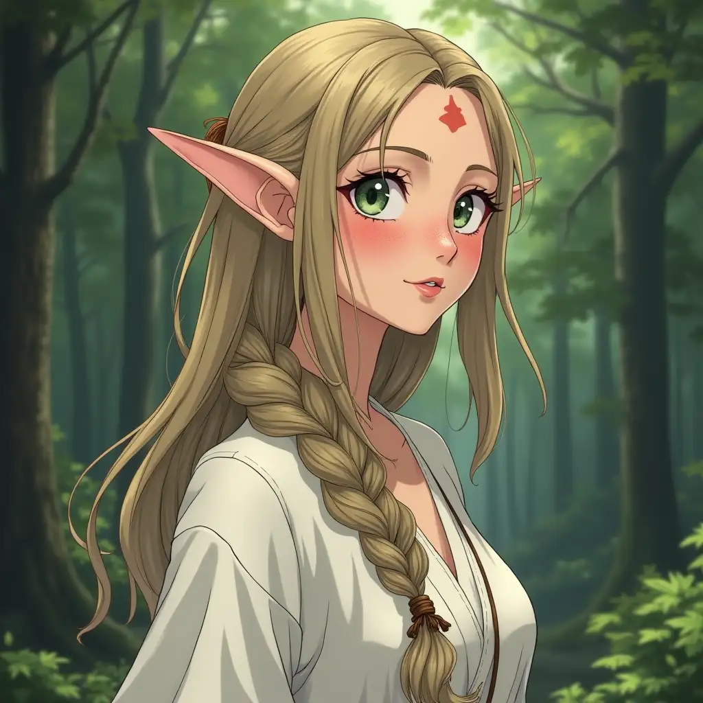 Elf girl, 30 years old, freckles, realistic anime style, pointed ears, long braid on her head, dressed in a white chiton, full-length, forest