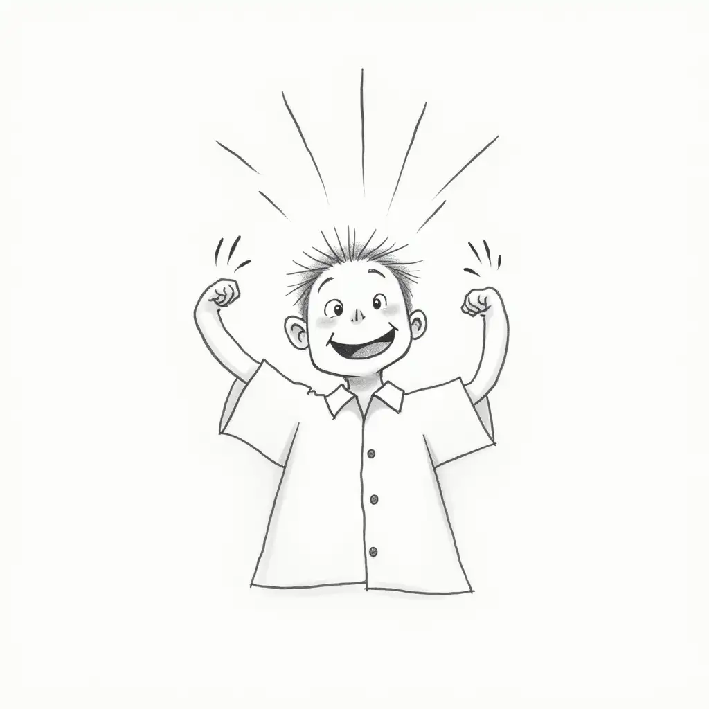 a funny cartoon, They shout at him from all sides, but he smiles, minimalist pencil drawing, white background