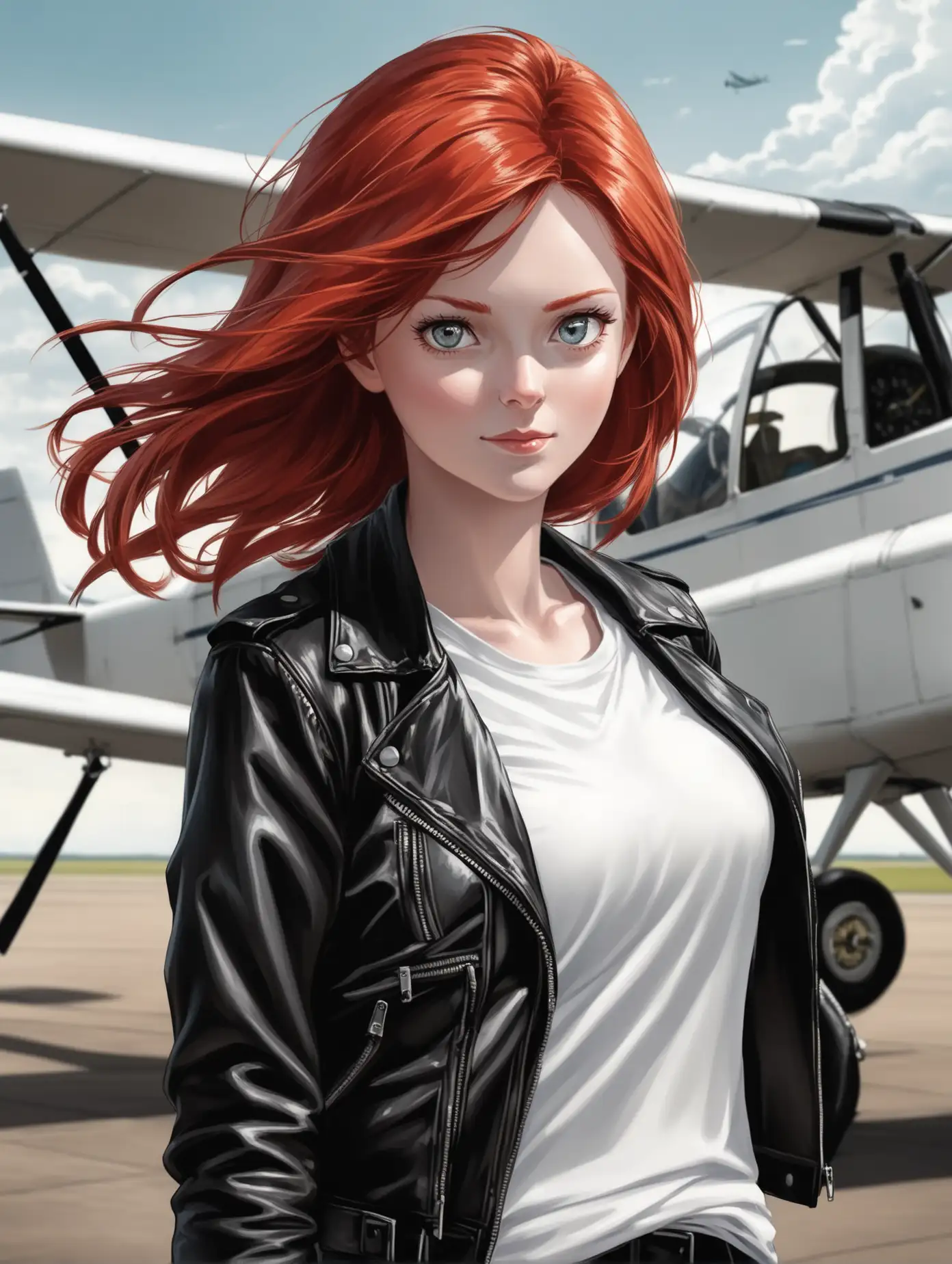 Redheaded-Woman-at-Airfield-with-Light-Aircraft