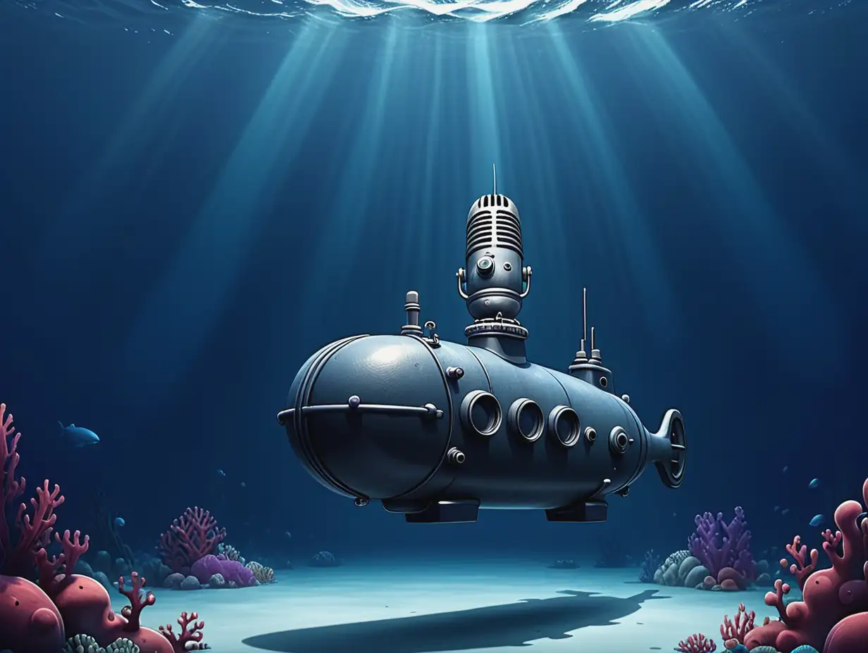 Cartoon Submarine with Giant Microphone in Deep Blue Ocean