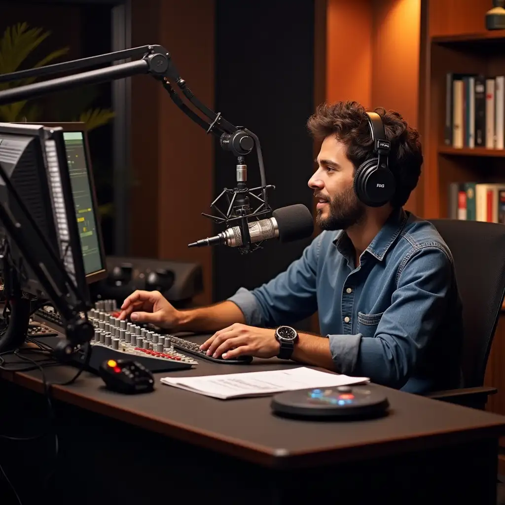 radio desk with a radio host, making a live program