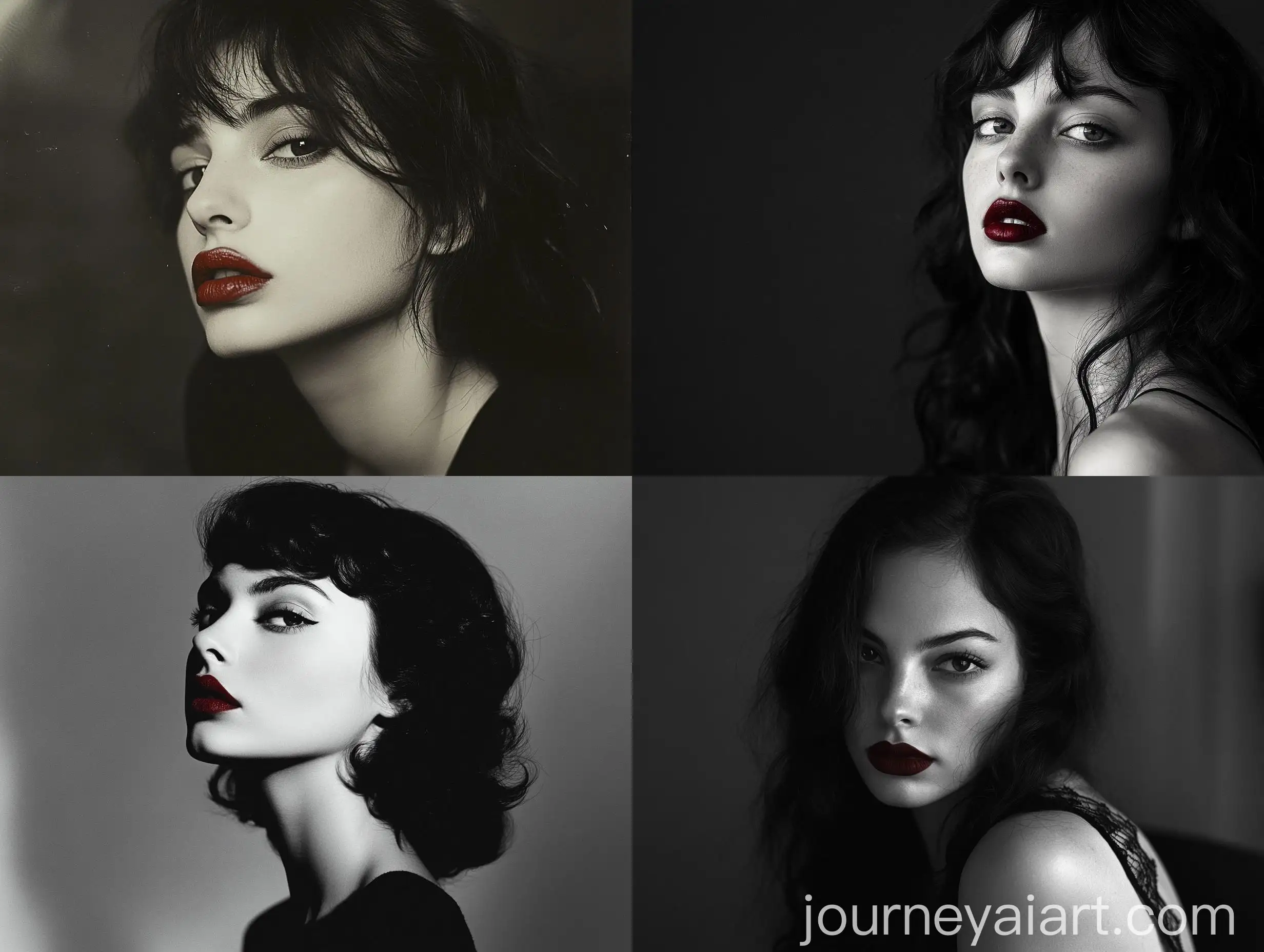 Monochrome-Portrait-of-a-DarkHaired-Woman-with-Bold-Red-Lips