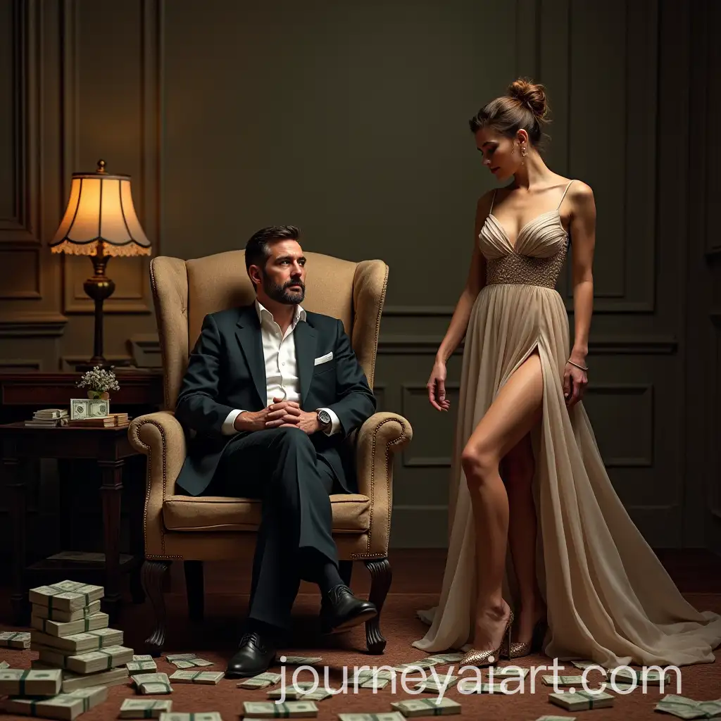 Wealthy-Man-Surrounded-by-Bills-and-Gifts-Woman-in-Elegant-Dress-Moving-Away-Indifferently