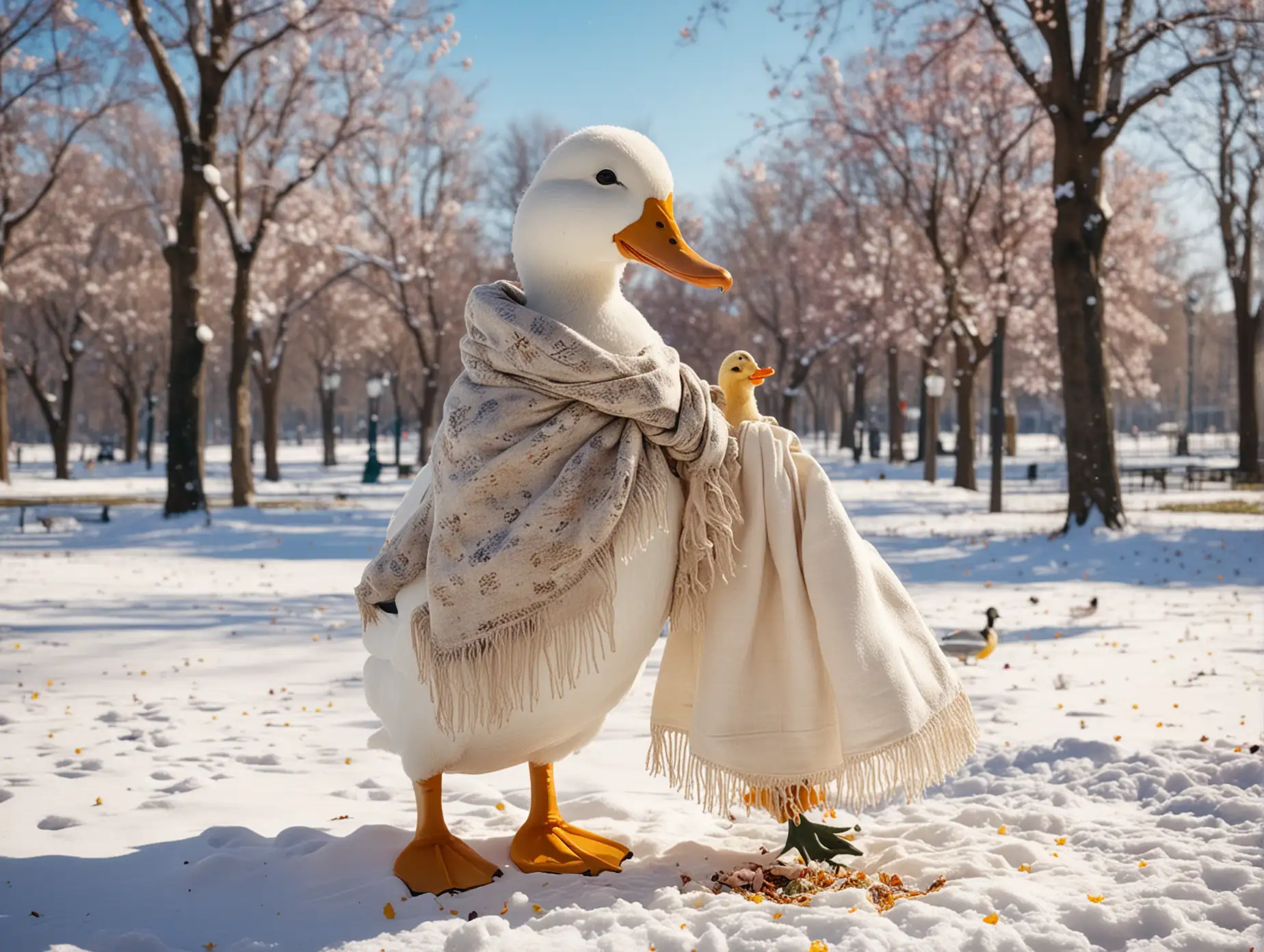 Anthropomorphic-Duck-in-Spring-Park-in-Saint-Petersburg-with-Bright-Sun-and-Crocuses