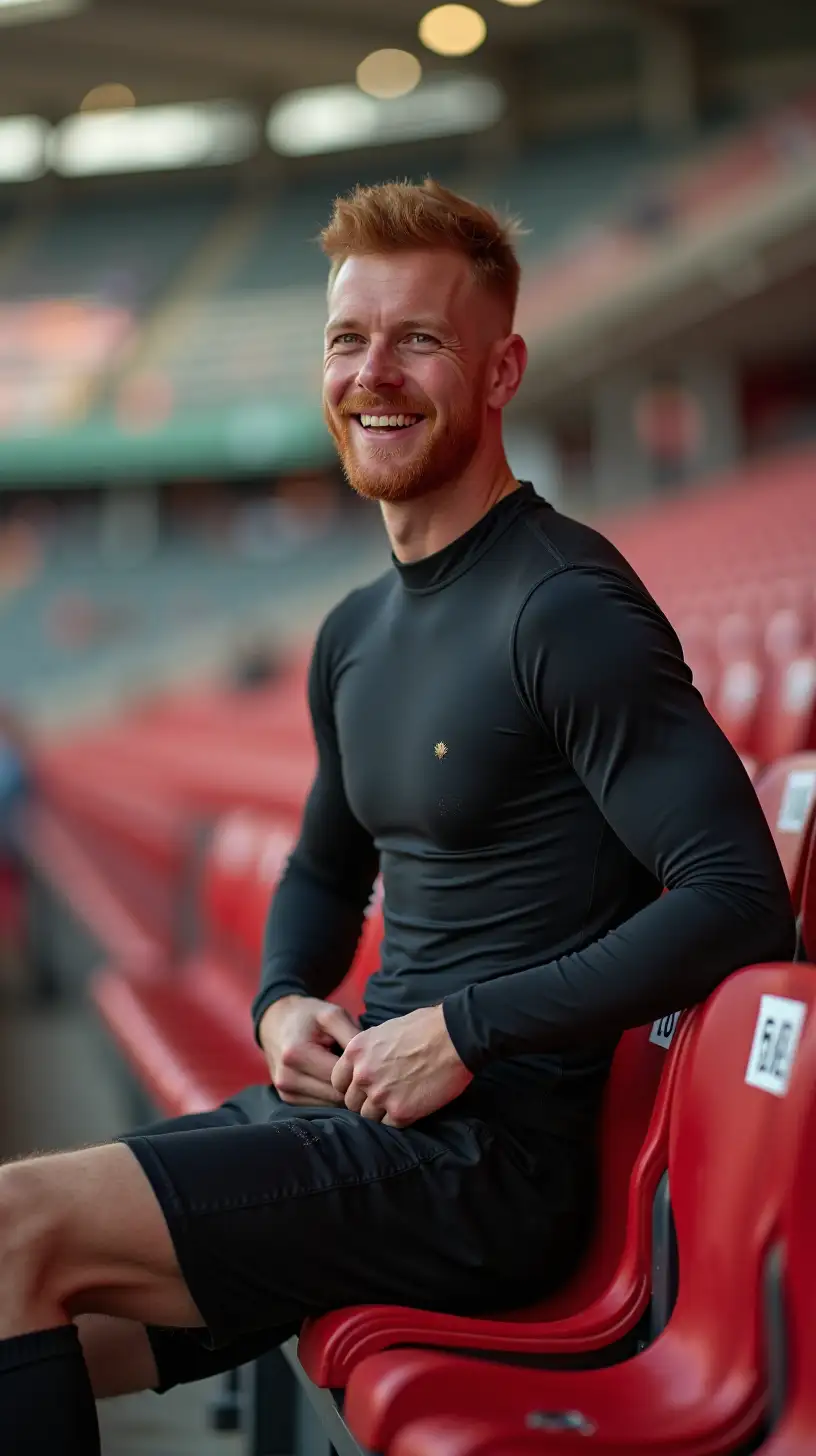 Excited RedHaired Man in Tight Nylon Bodysuit Sitting in Football Stands