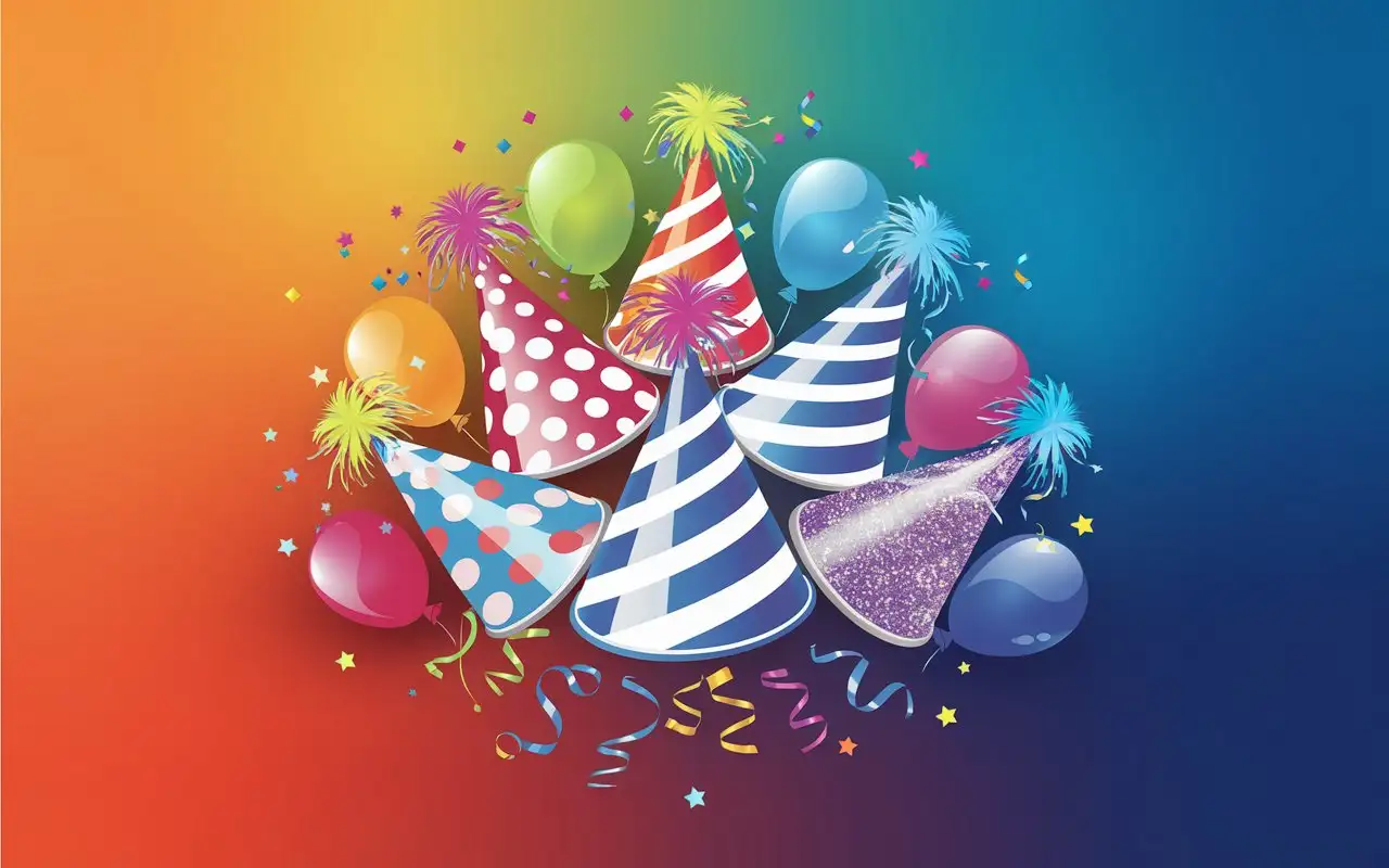 A vibrant party hat logo design featuring colorful cone-shaped hats with dynamic patterns like polka dots, stripes, and glitter effects, surrounded by confetti, balloons, and streamers on a gradient background of festive colors.