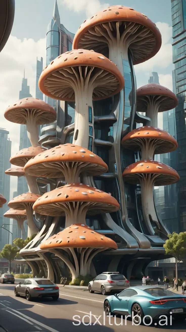 mushroom type futuristic building concept with moving cars