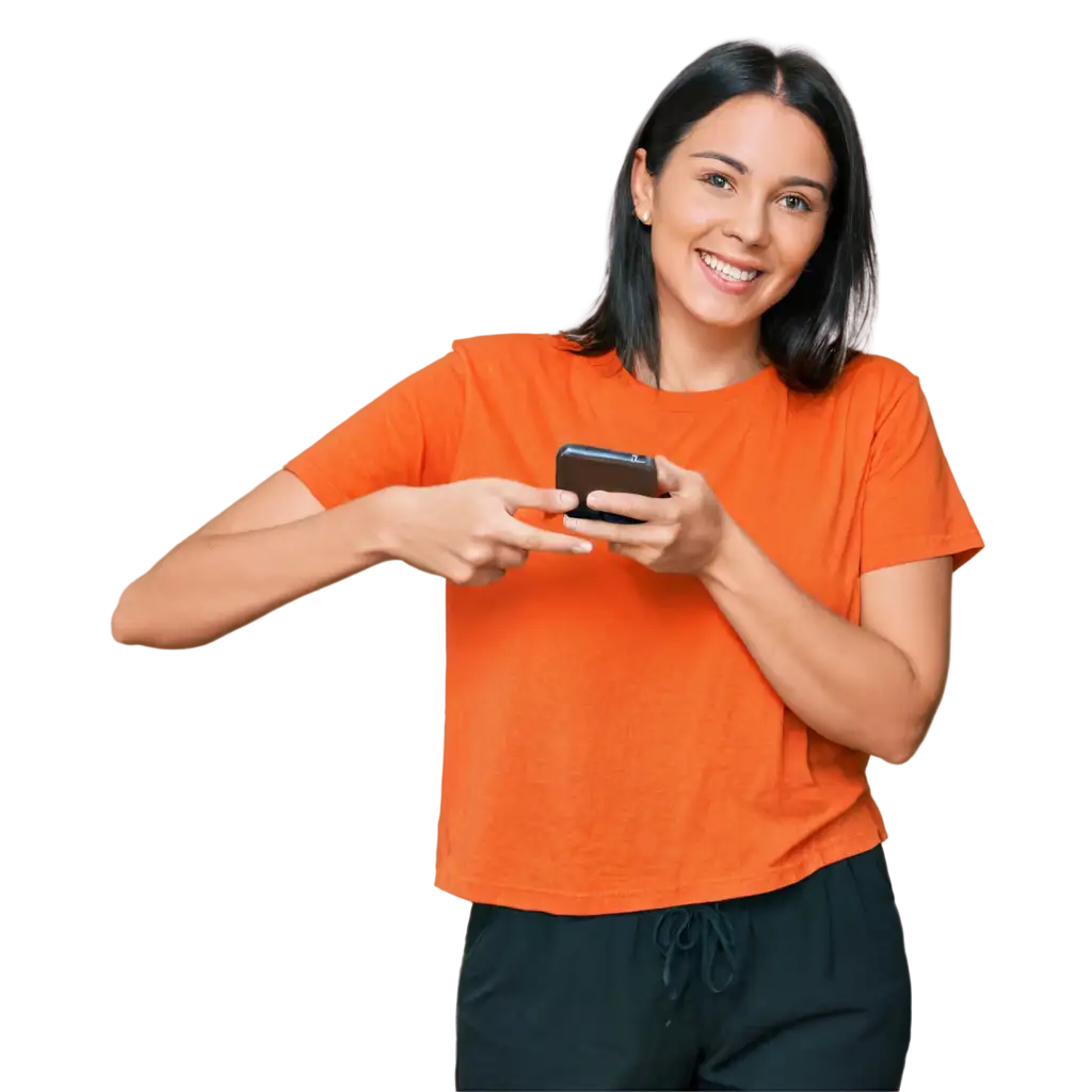 happy lady with a phone in her hand putting on orange tshirt