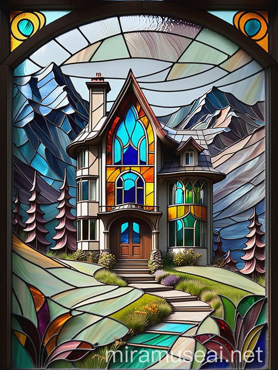 Stained Glass Abstract Style House in the Mountains